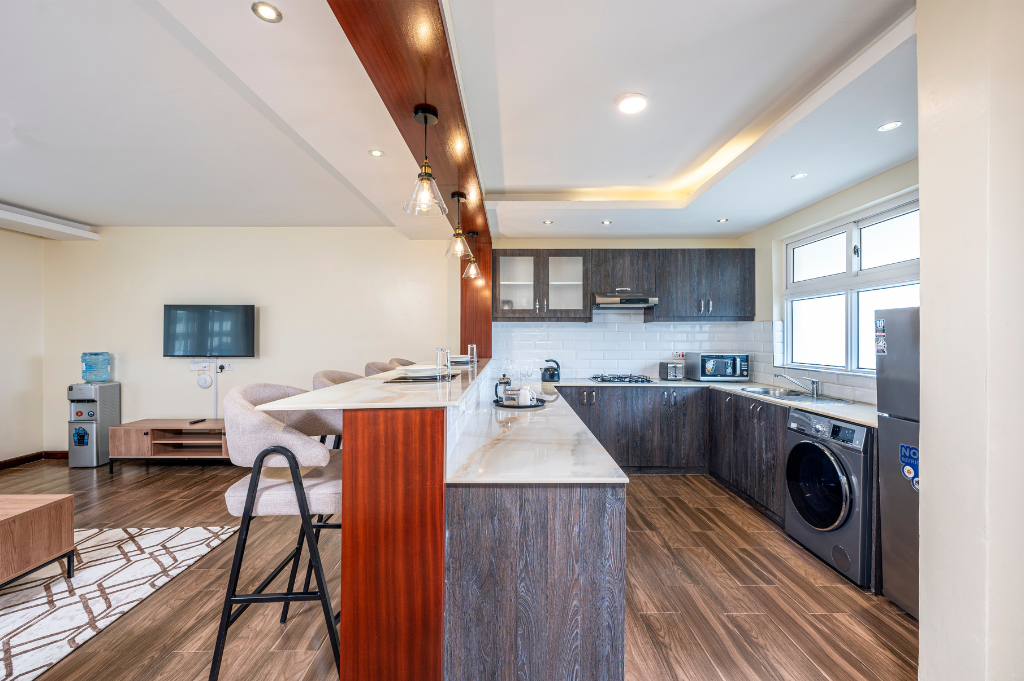 2 Bedroom Apartment kitchen and bar area at Roma Courts Nairobi