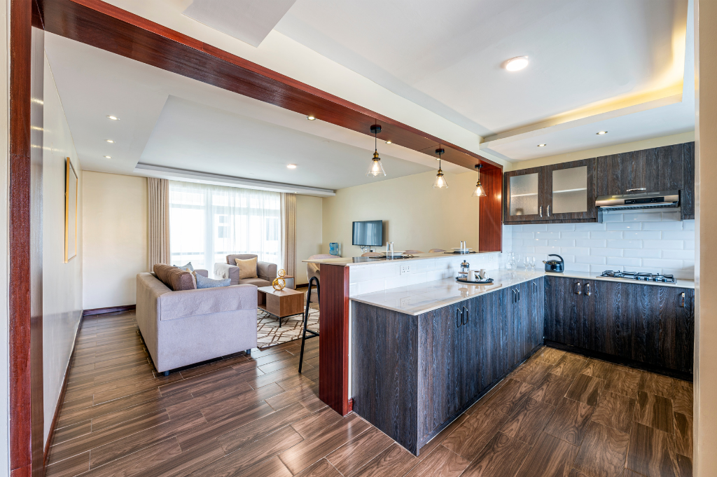 2 Bedroom Apartment kitchen to sitting area view at Roma Courts Nairobi
