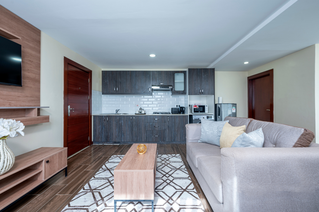Uber Studio kitchen and sitting area at Roma Courts Serviced Apartments Nairobi
